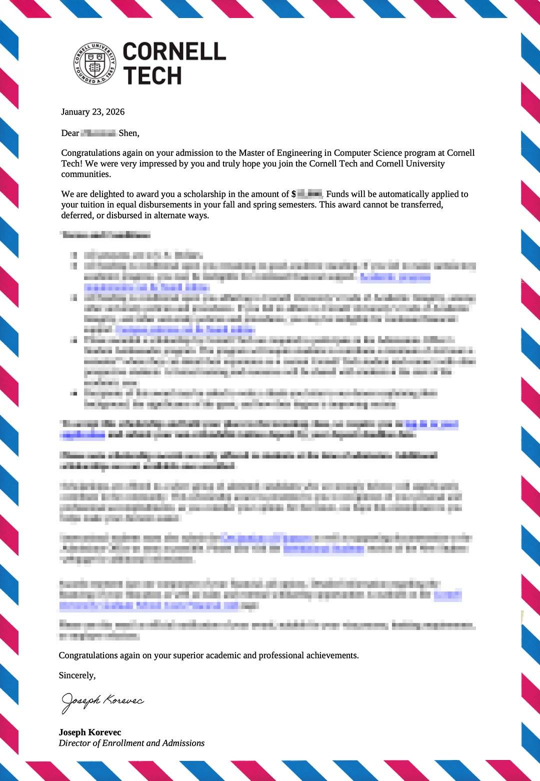 康奈尔大学录取通知书 Cornell University