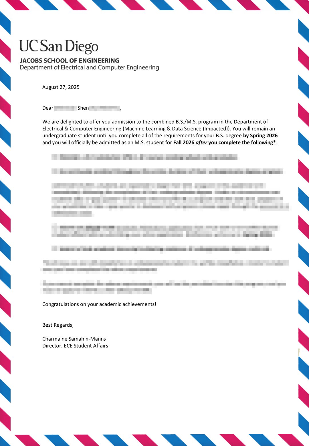 加州大学圣地亚哥分校录取通知书 UCSD