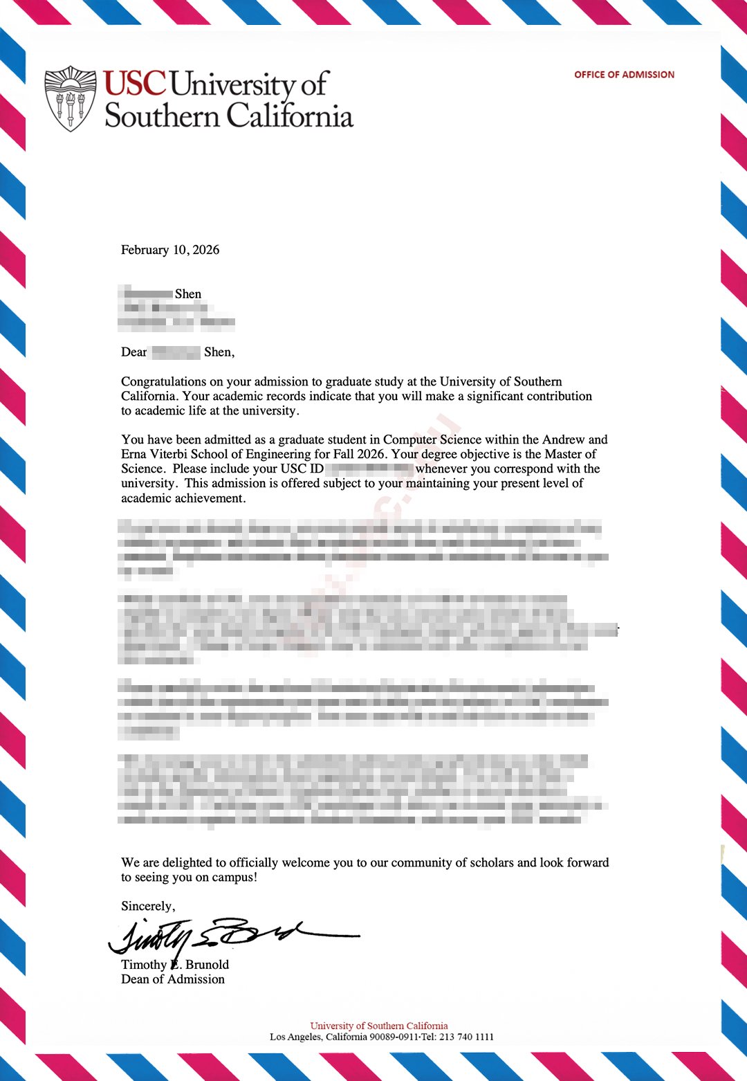 南加州大学录取通知书 USC